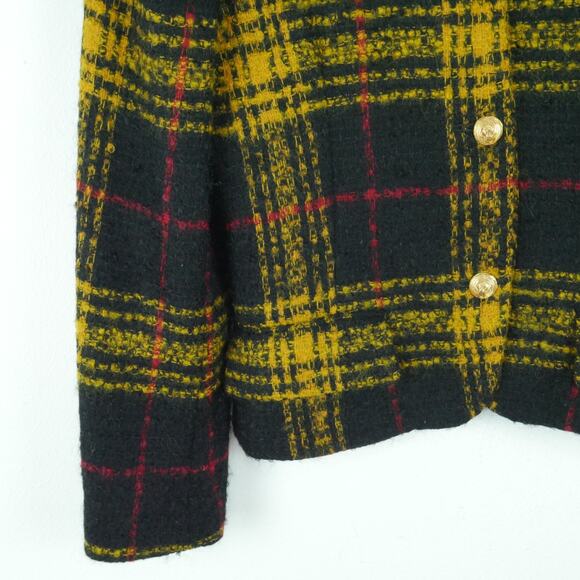 Vintage Size 4 Jacket Crop Blazer 90s Elegant Luxury Plaid Yellow Black Tweed - Picture 4 of 9